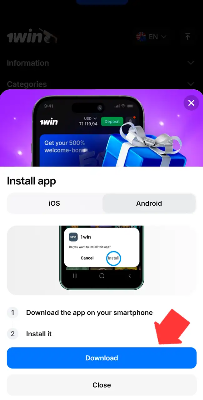 Ventana Install app de 1win con las pestañas iOS y Android, dos pasos de instalación y un botón Download