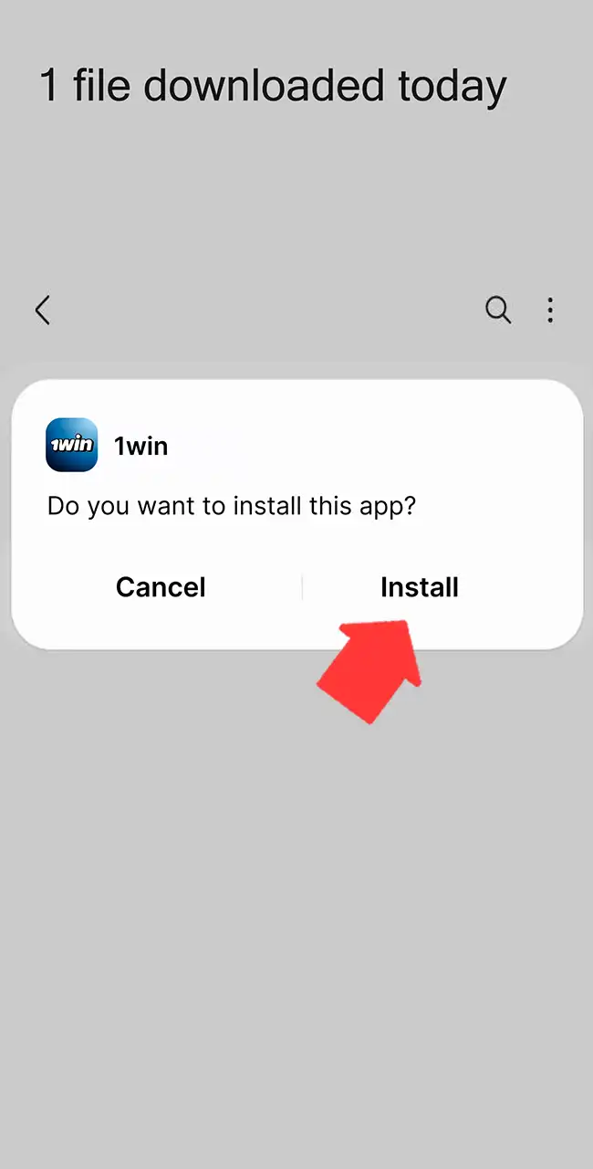 Aviso de Android que pregunta si instalar la app de 1win, con los botones Cancel e Install