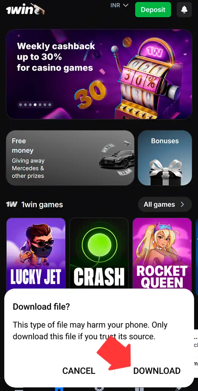 Diálogo del navegador sobre el sitio de 1win que pide confirmar la descarga del APK, con los botones Cancel y Download
