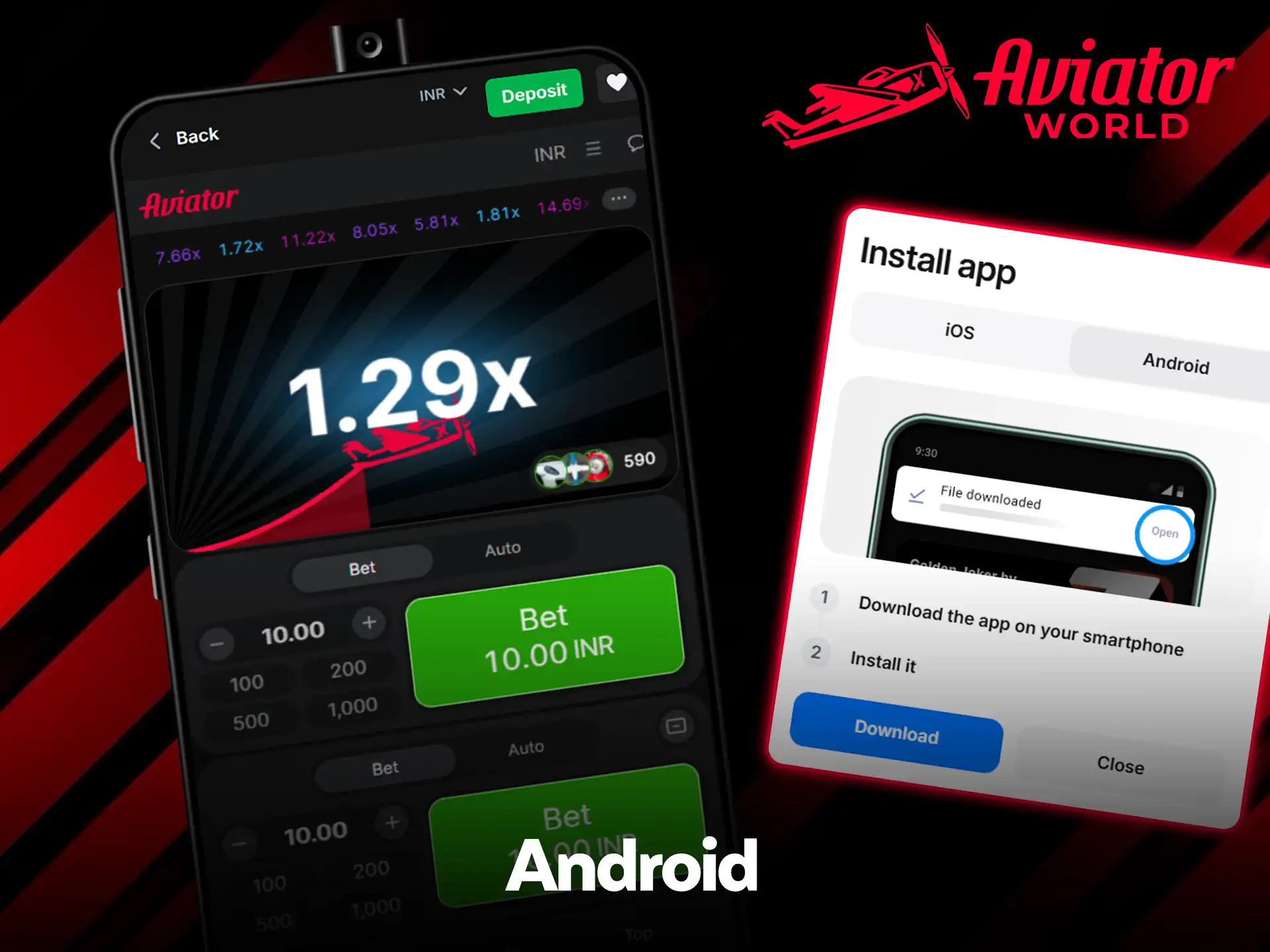 Aviator en 1.29x en la app de 1win junto a la ventana Install app de 1win en la pestaña Android con un botón Download