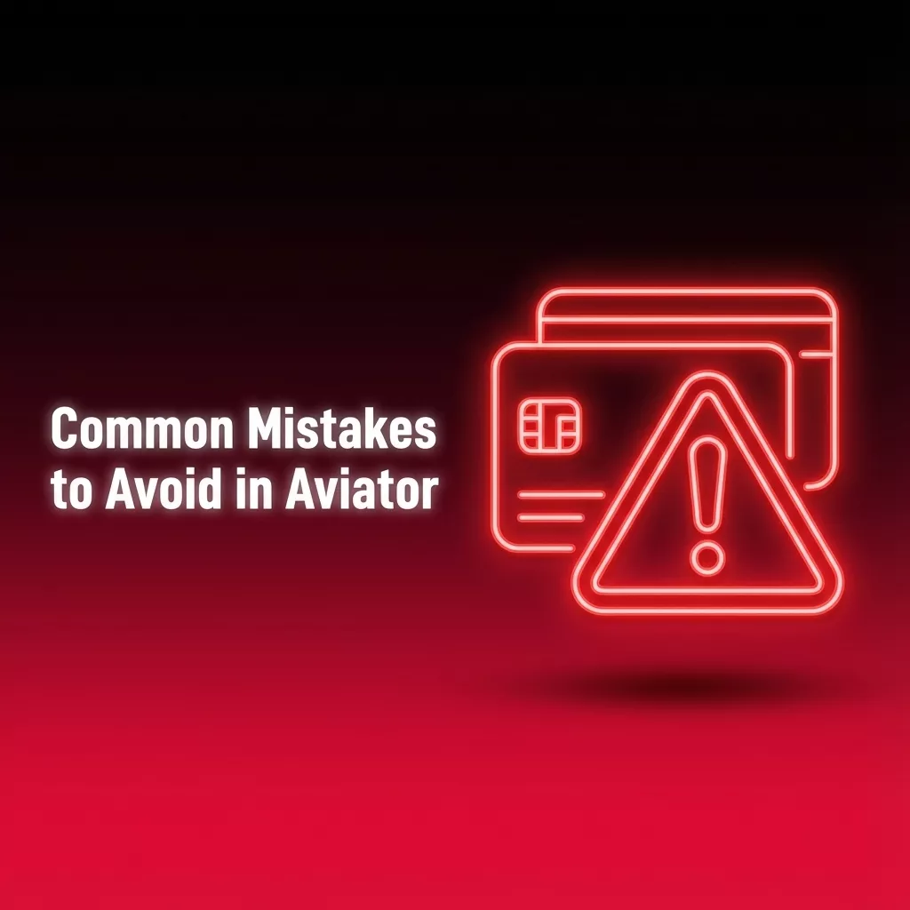 Ilustración: una tarjeta bancaria de neón con un triángulo de advertencia y el rótulo Common Mistakes to Avoid in Aviator