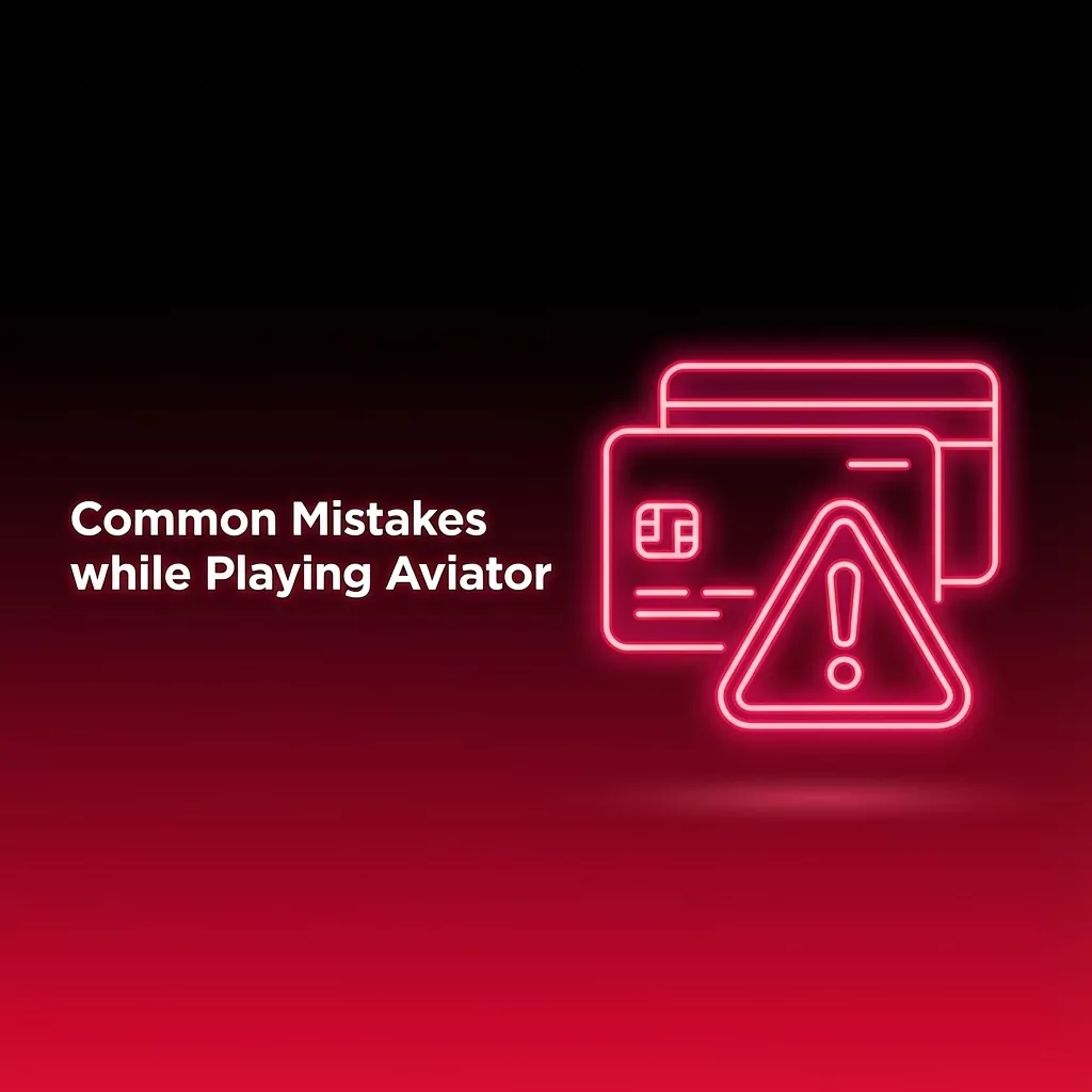 Ilustración: tarjetas bancarias de neón con un triángulo de advertencia y el rótulo Common Mistakes while Playing Aviator