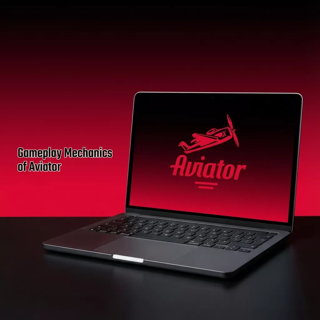 Ilustración: un portátil con el logotipo rojo de Aviator y el rótulo Gameplay Mechanics of Aviator