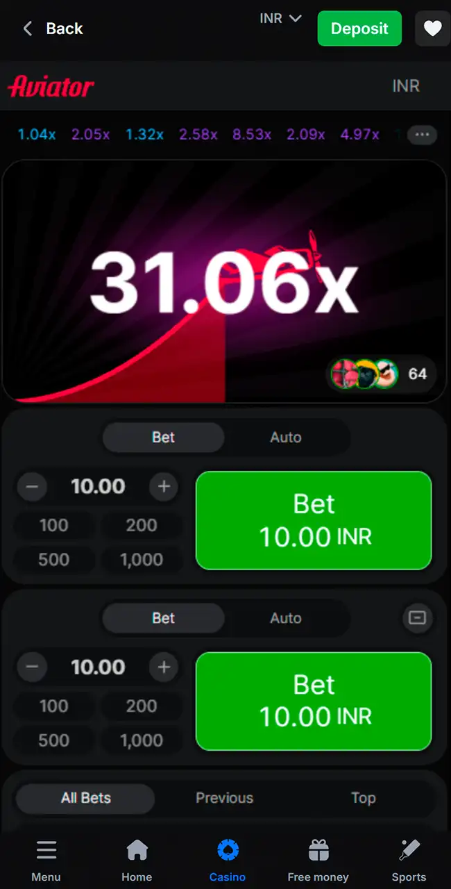 Ronda de Aviator en 31.06x en la app de 1win, con los botones Bet en ambos paneles