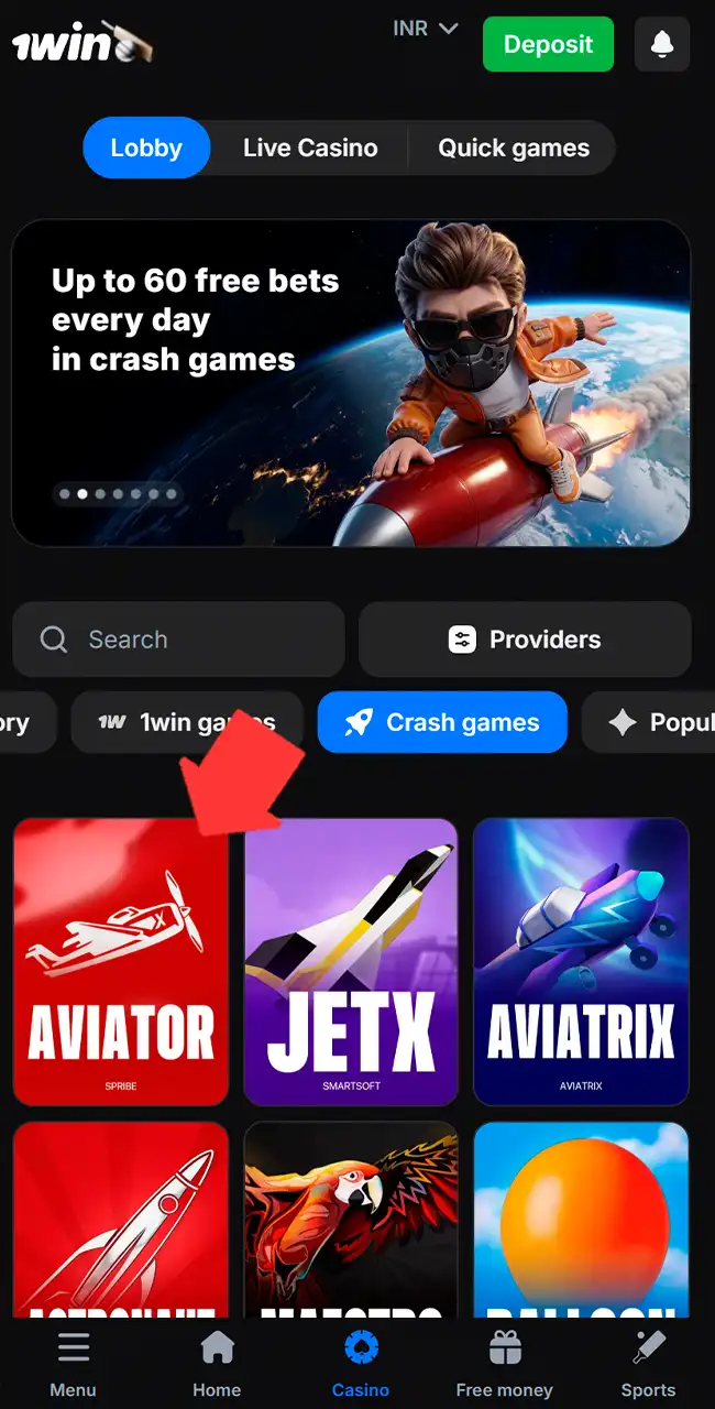 Lobby del casino de 1win en la pestaña de juegos crash con el mosaico de Aviator de Spribe el primero de la cuadrícula