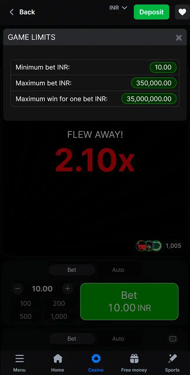 Ventana Game Limits de Aviator en la app de 1win con la apuesta mínima, la apuesta máxima y la ganancia máxima por apuesta