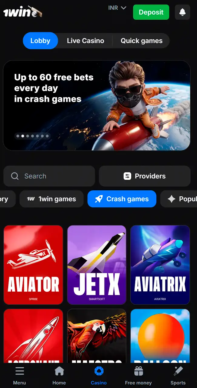 Lobby móvil de 1win en la pestaña de juegos crash con el mosaico de Aviator de Spribe junto a JetX y Aviatrix, bajo un banner de apuestas gratis en juegos crash