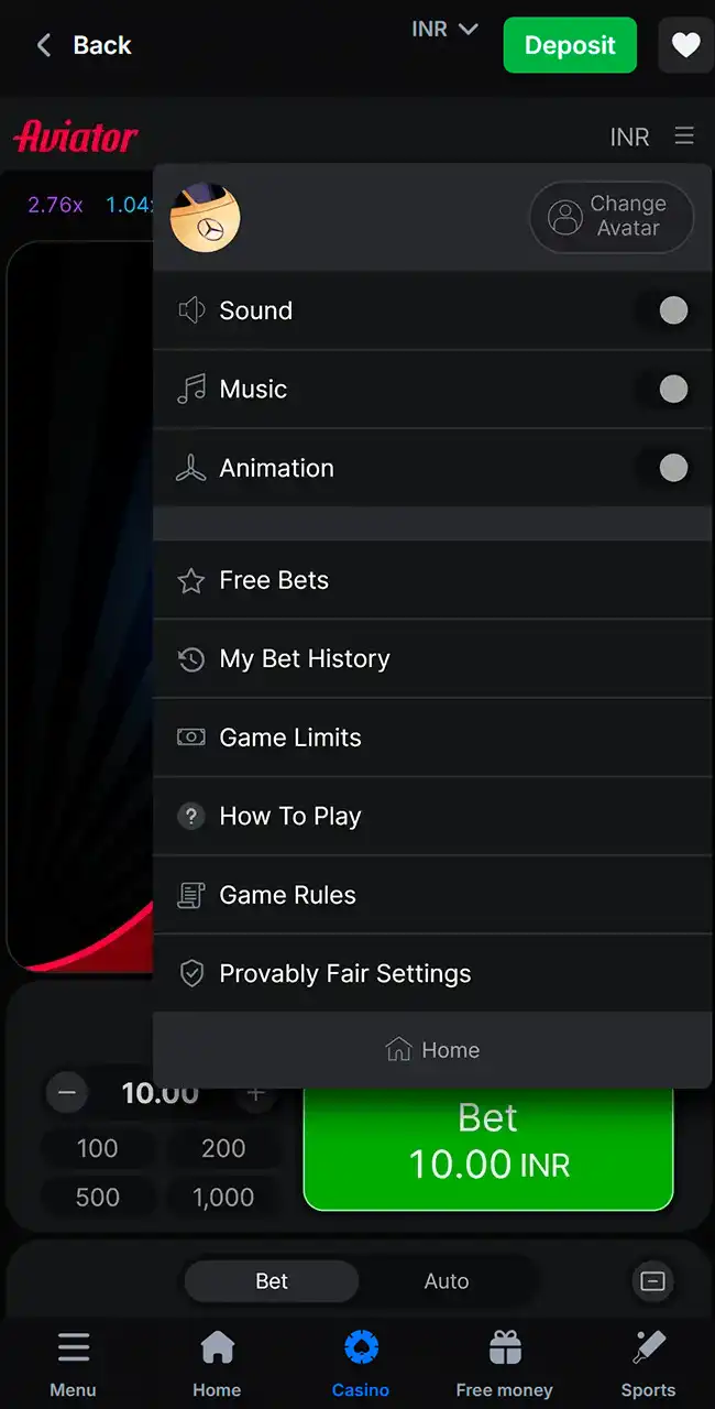 Menú del juego Aviator en la app de 1win con Sound, Music, Animation, Free Bets, Game Limits y Provably Fair Settings