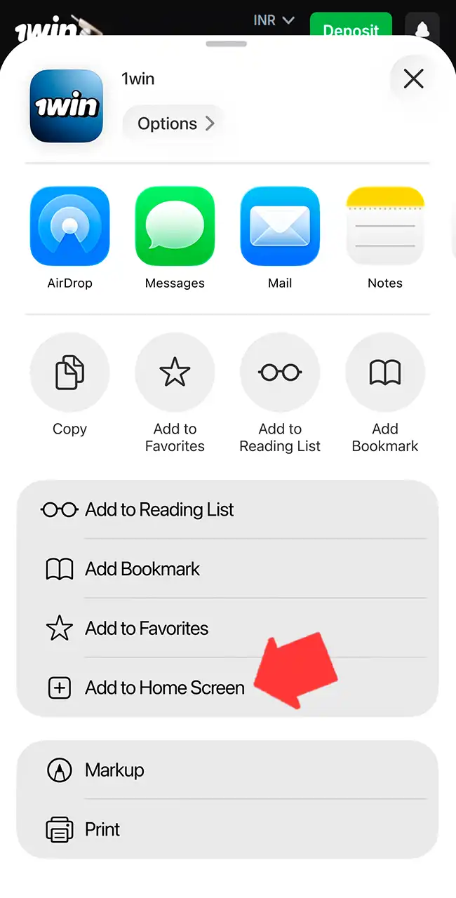 Hoja para compartir de iOS del sitio de 1win con la opción Add to Home Screen resaltada