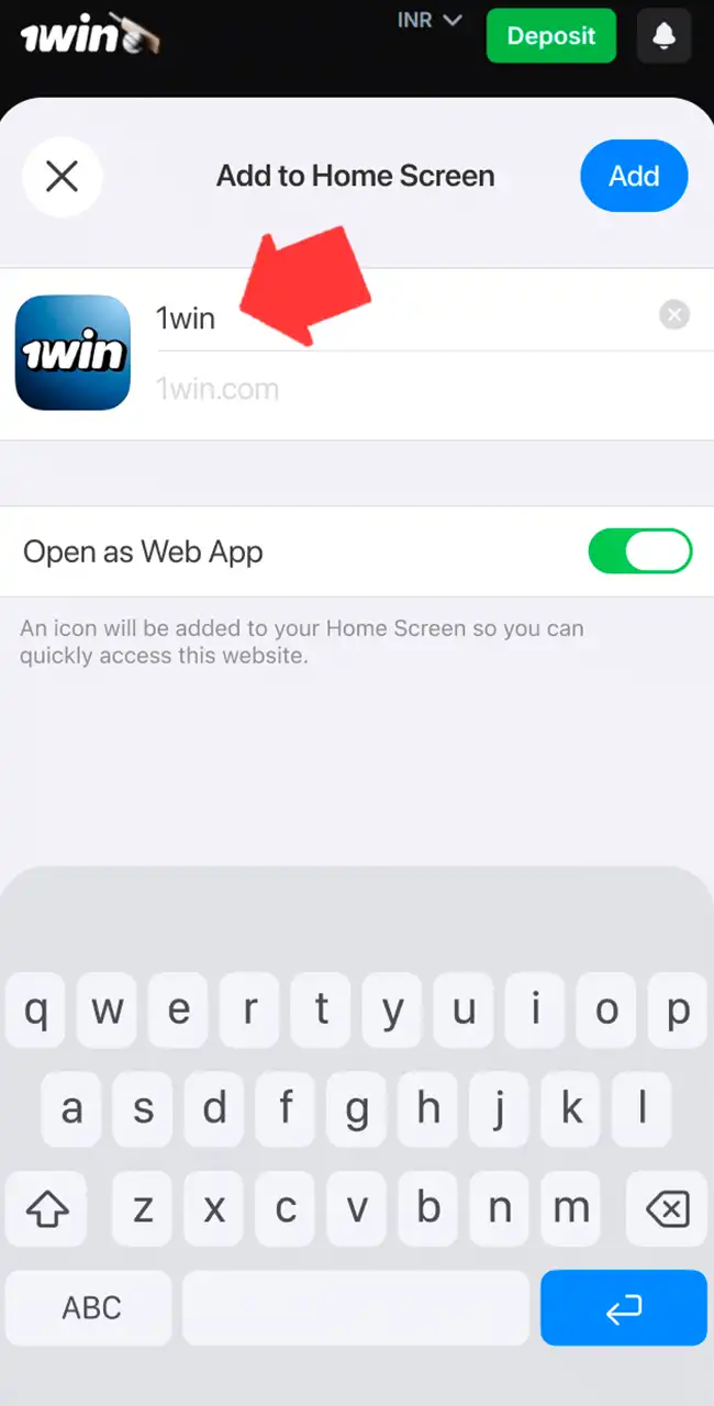 Formulario Add to Home Screen con el nombre 1win, la dirección 1win.com y Open as Web App activado