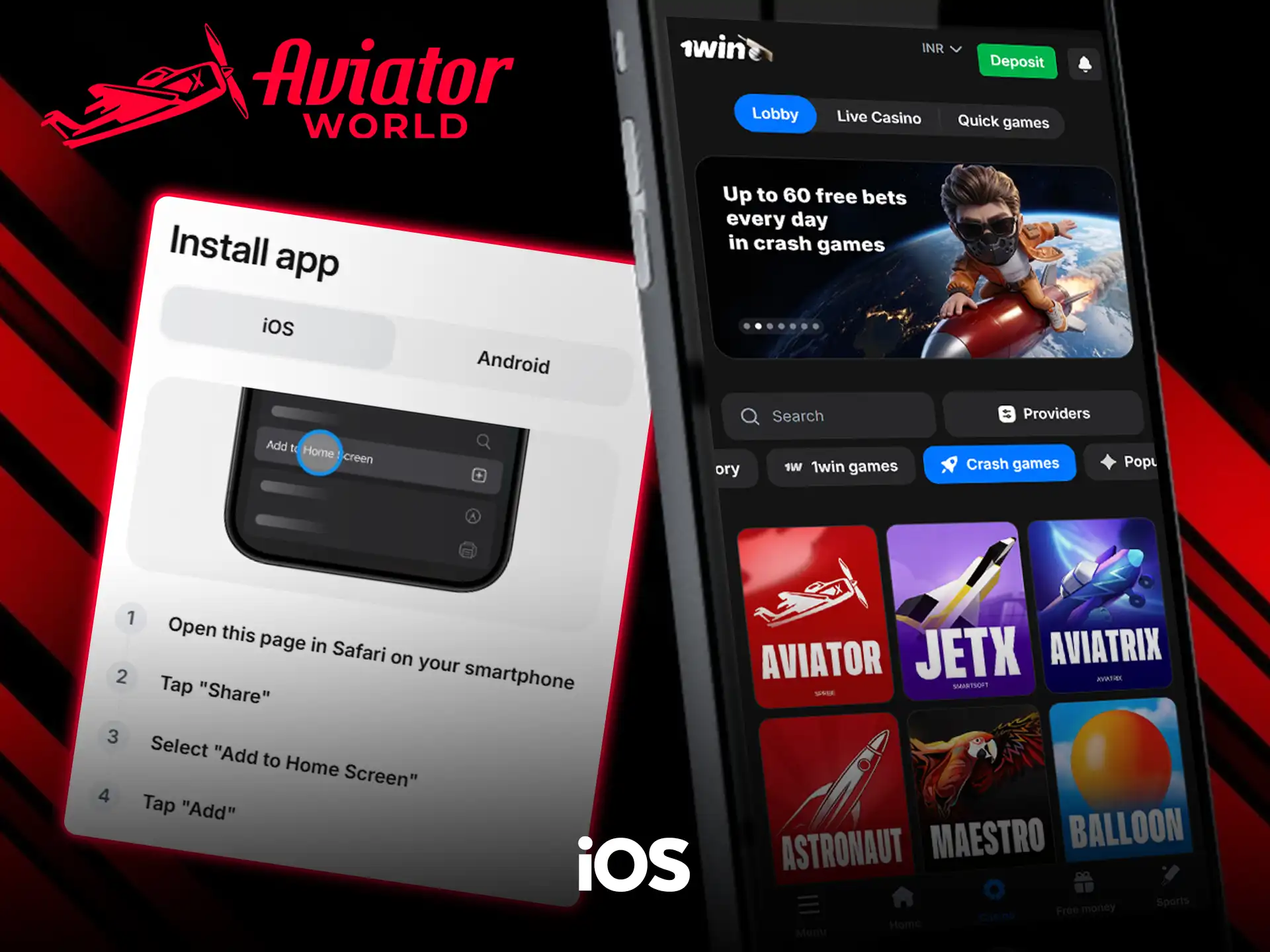 Ventana Install app de 1win en la pestaña iOS con cuatro pasos en Safari, junto al lobby de 1win en la pestaña de juegos crash
