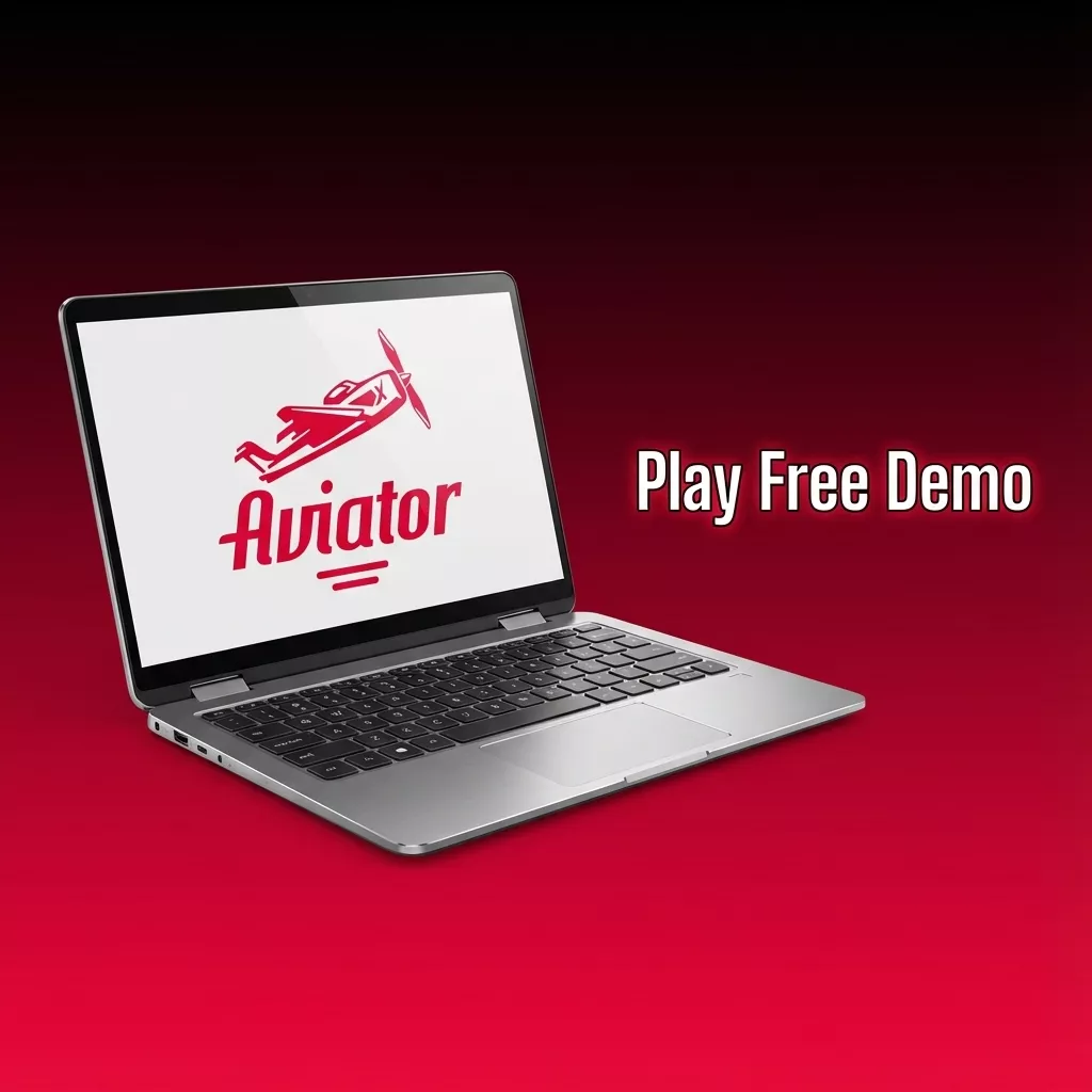 Ilustración: un portátil con el logotipo rojo de Aviator junto a las palabras Play Free Demo
