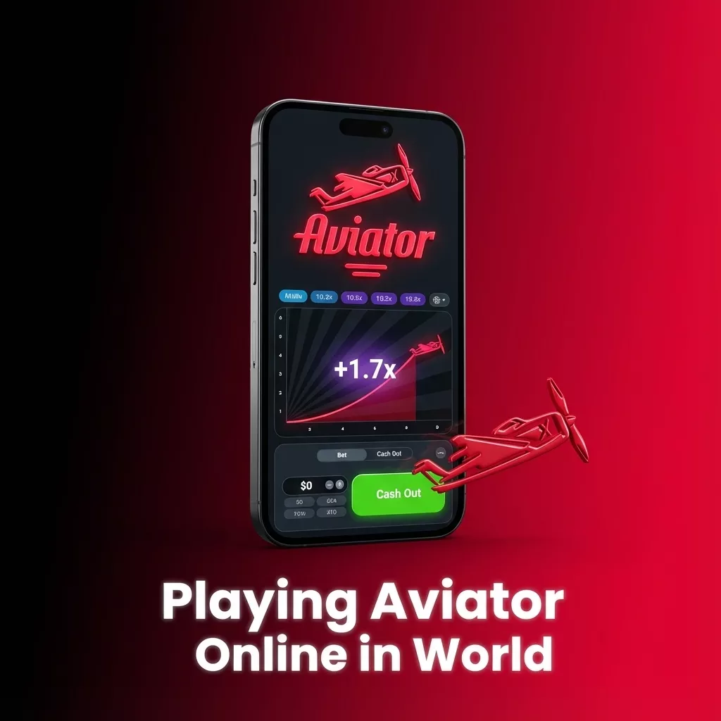 Ilustración: un móvil con una ronda al estilo de Aviator a 1.7x y un botón verde Cash Out, con el rótulo Playing Aviator Online in World