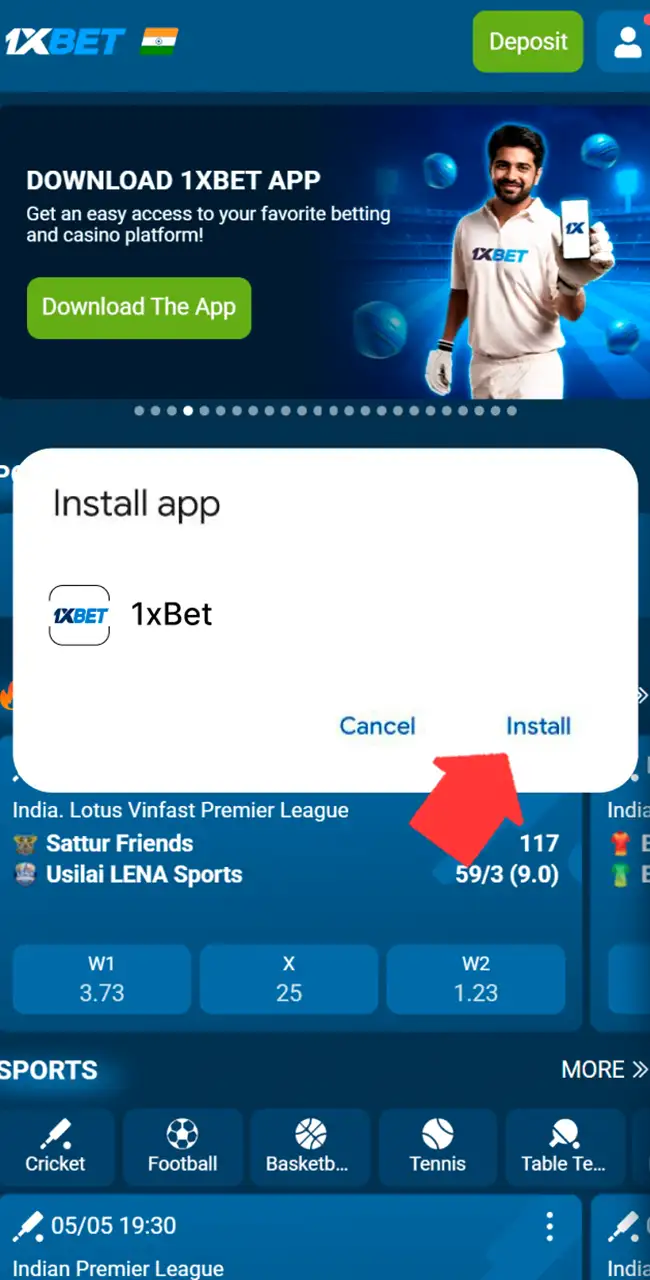 Aviso de instalación de Android para 1xBet con los botones Cancel e Install