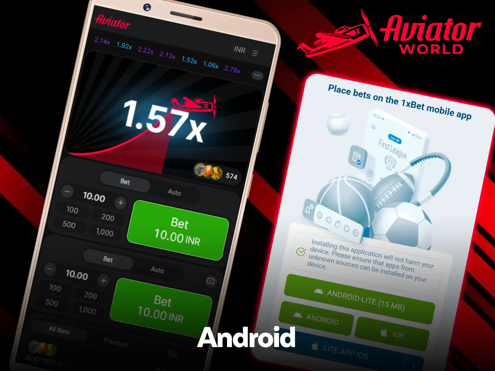 Aviator en 1.57x en un teléfono Android, junto a la página de apps móviles de 1xBet con los botones Android-Lite (15 MB), Android, iOS y Lite App iOS
