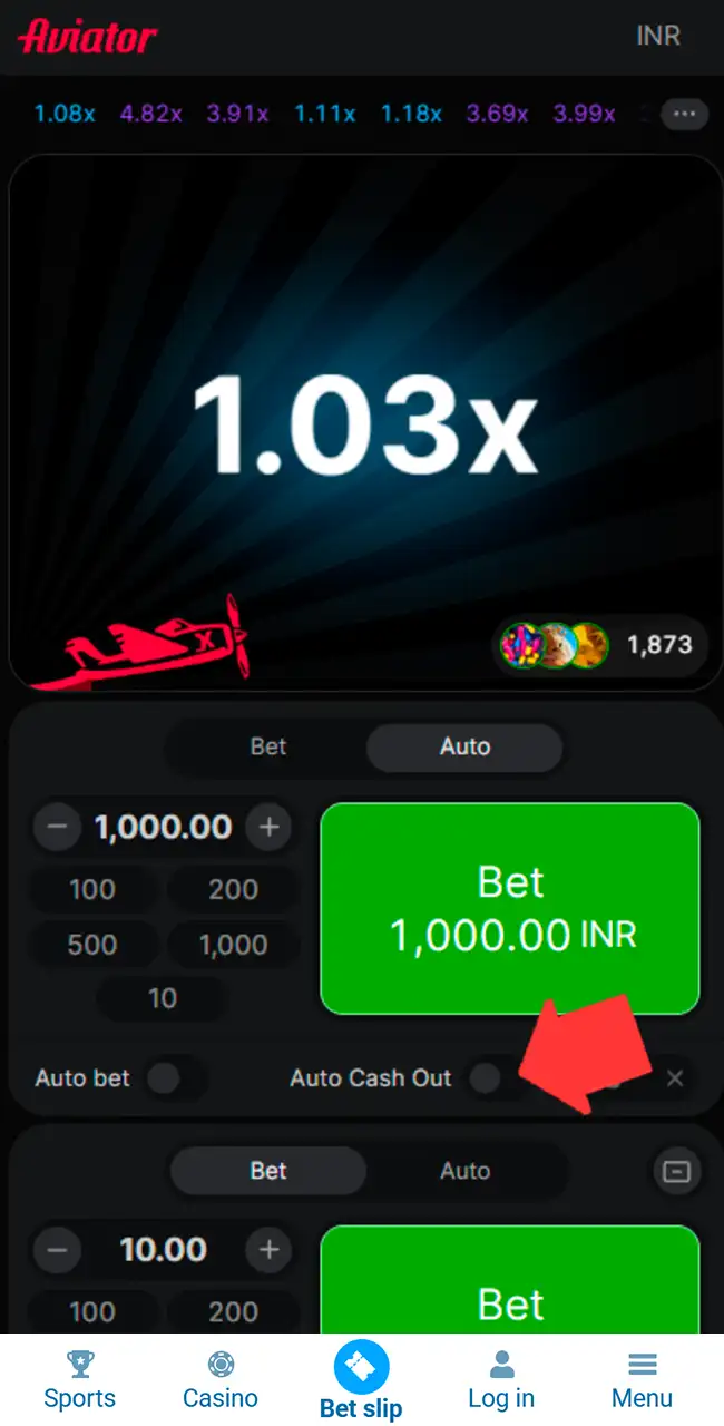 Panel de apuesta de Aviator en la pestaña Auto, con los interruptores Auto bet y Auto Cash Out bajo el botón Bet