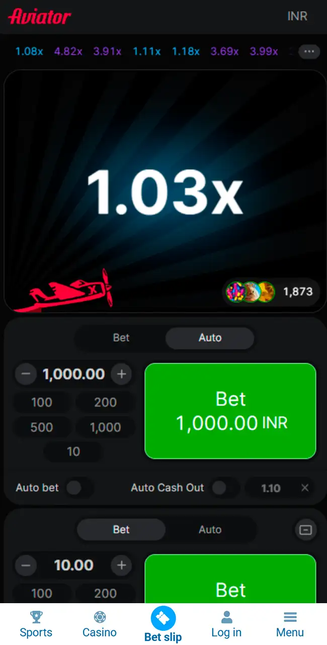 Aviator en 1xbet con el avión en vuelo en 1.03x