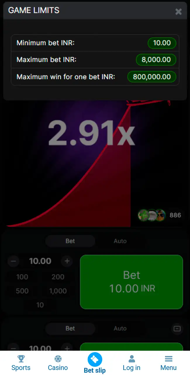 Ventana Game Limits de Aviator en la app de 1xBet con la apuesta mínima, la apuesta máxima y la ganancia máxima por apuesta