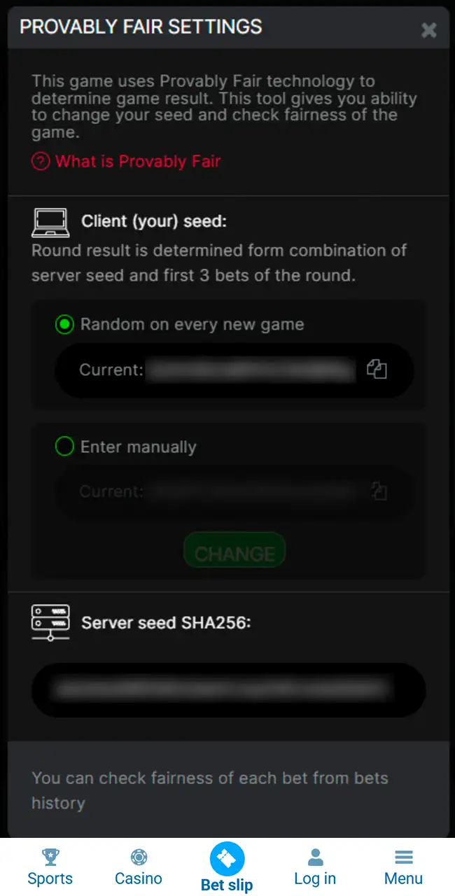Fenêtre Provably Fair Settings d’Aviator chez 1xbet, avec les options de seed client et le champ du seed serveur SHA256