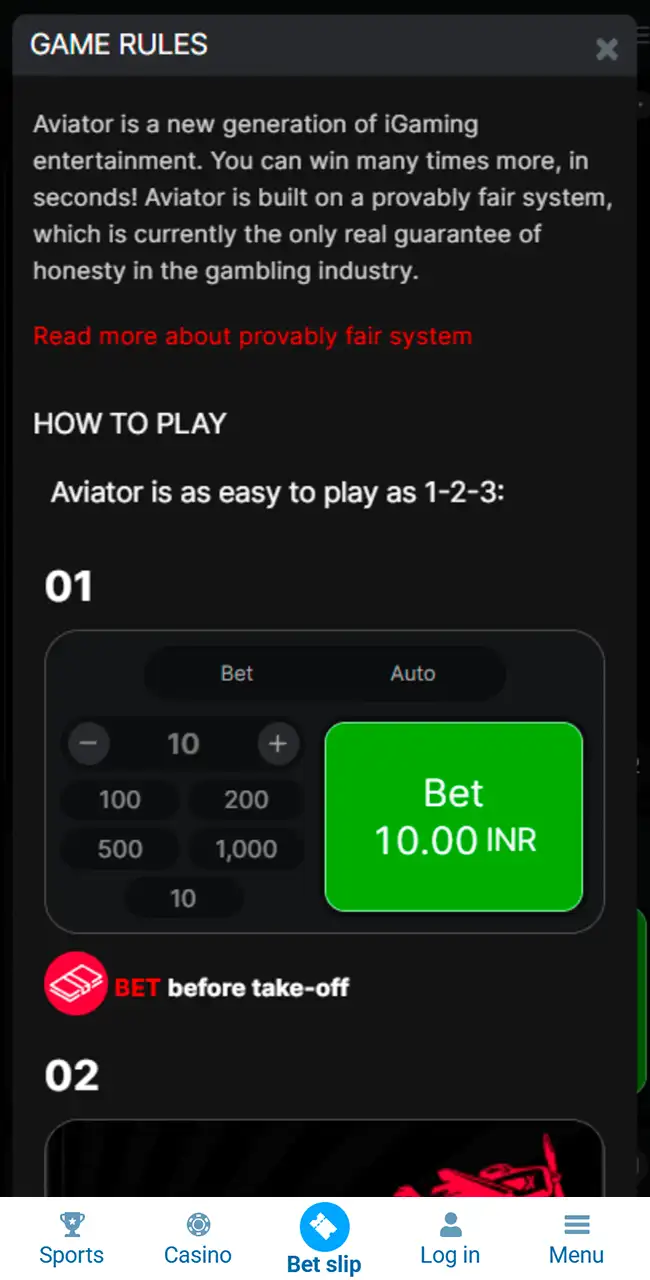 Ventana Game Rules de Aviator en la app de 1xBet con los pasos de How to Play, empezando por Bet before take-off