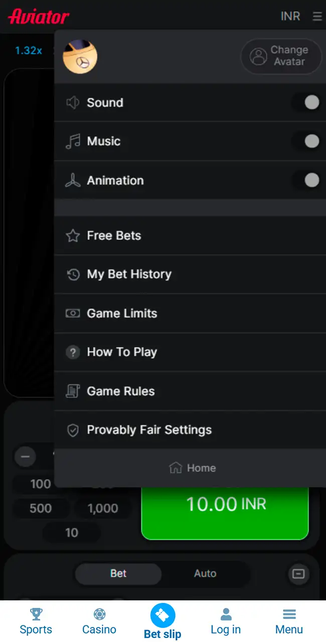 Menú del juego Aviator en la app de 1xBet con Free Bets, My Bet History, Game Limits, How To Play, Game Rules y Provably Fair Settings