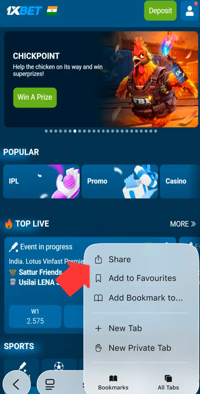 Menú de Safari con la opción Share abierta sobre la página de inicio de 1xbet