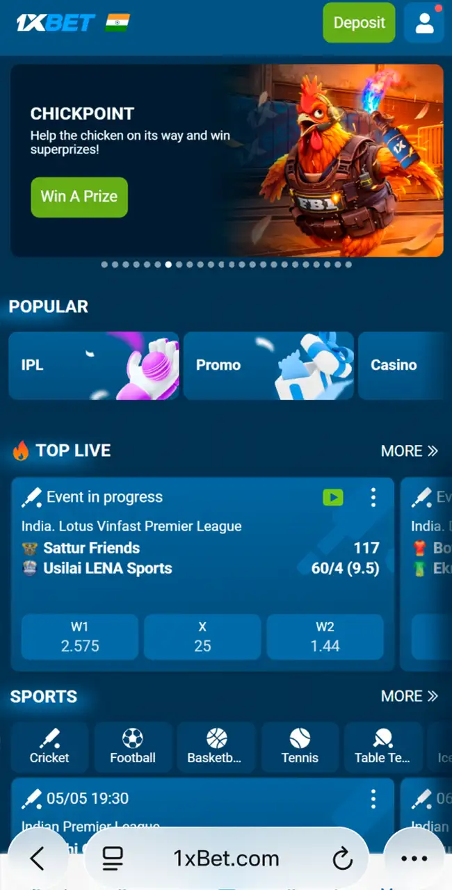 Página de inicio móvil de 1xbet abierta en Safari en un iPhone