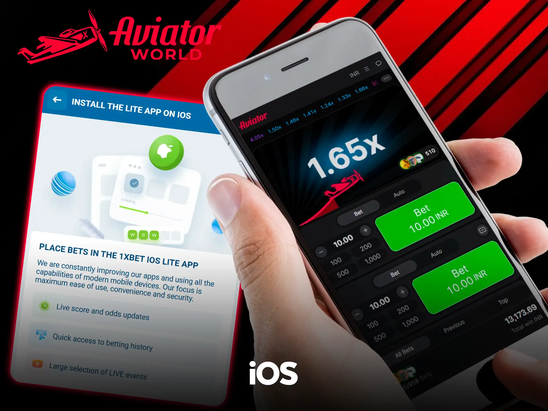 Aviator en 1.65x en un iPhone, junto a la página de 1xBet para instalar la app Lite en iOS