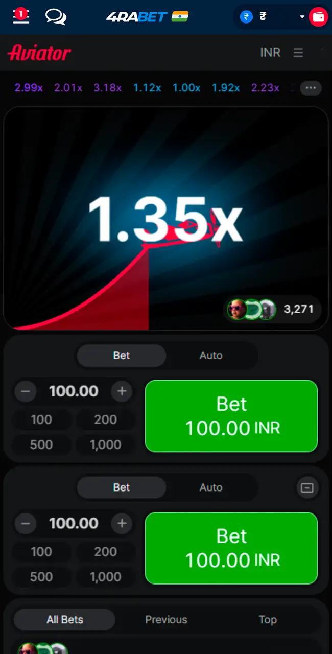 Aviator de Spribe en el lobby de 4rabet: el multiplicador en 1.35x, dos paneles de apuesta y la pestaña All Bets