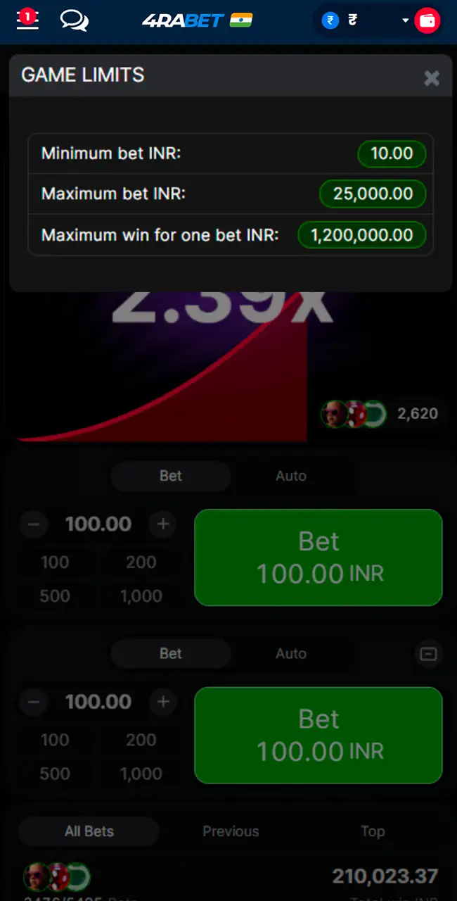 Ventana Game Limits del juego Aviator en 4rabet: apuesta mínima, apuesta máxima y ganancia máxima por apuesta