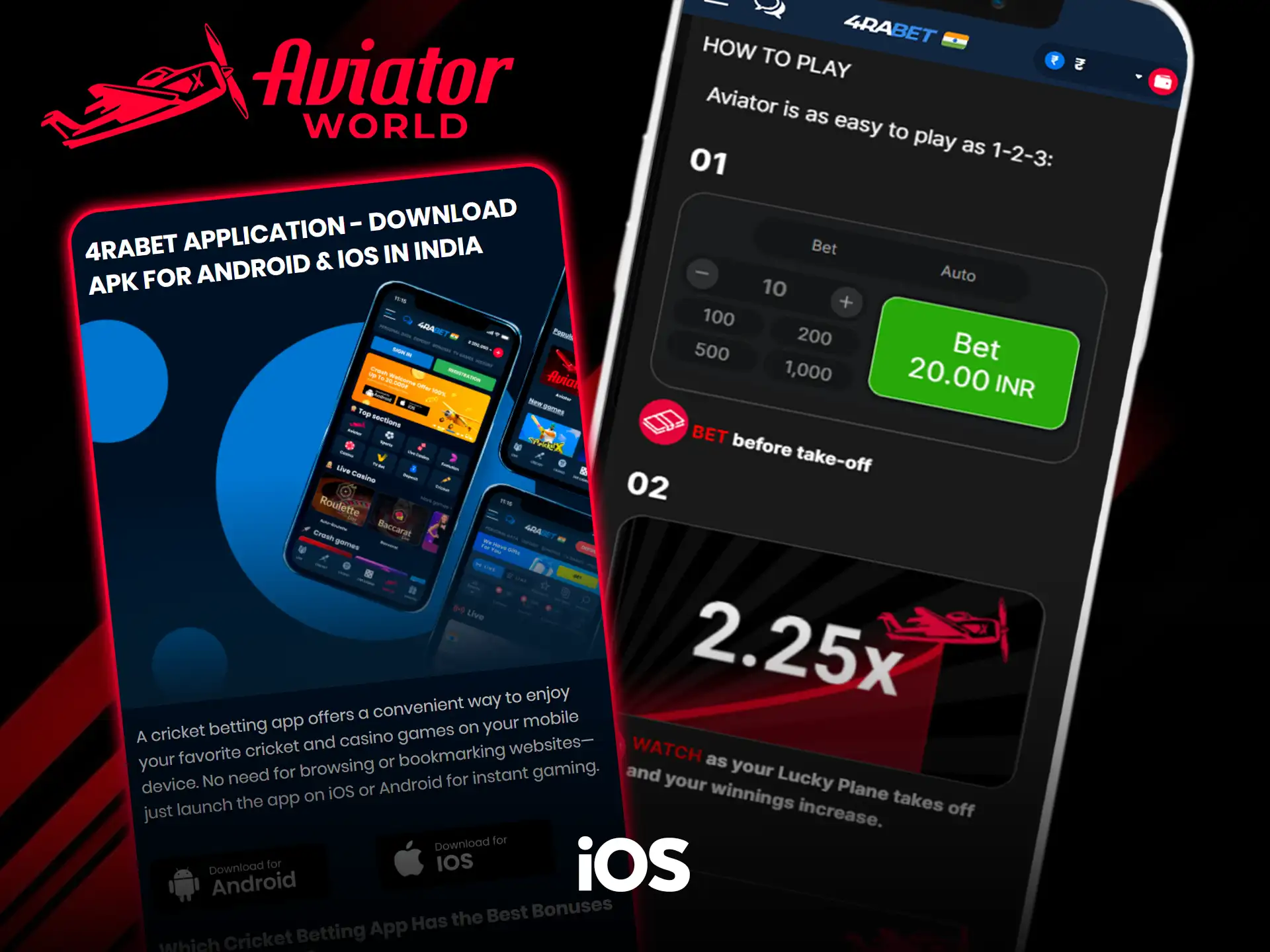 Página de descarga de la app de 4rabet con botones Android e iOS, junto a la pantalla How to Play de Aviator en la app de 4rabet