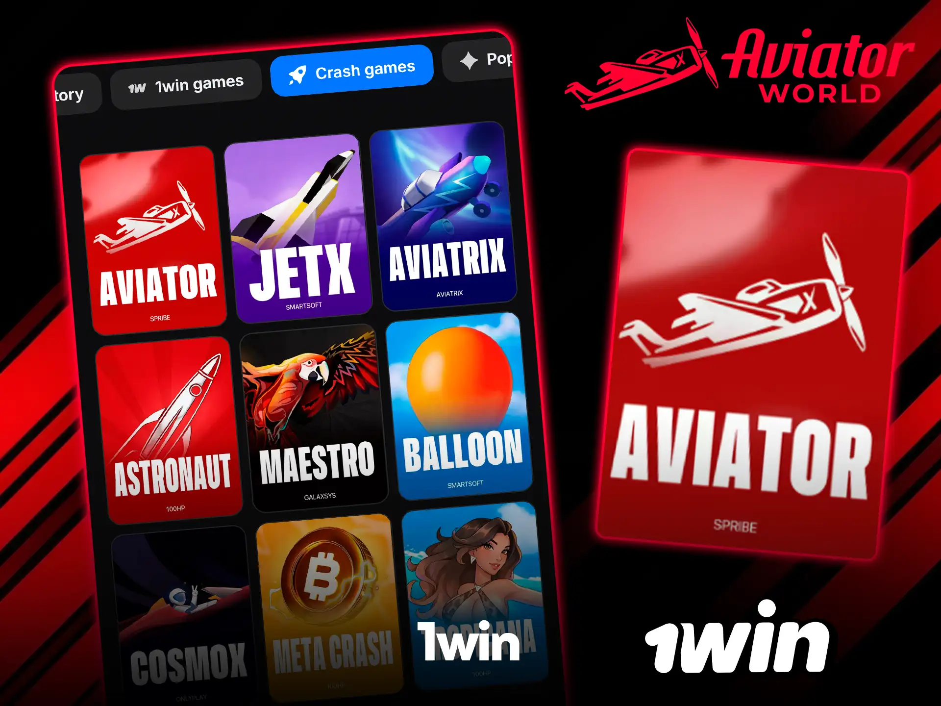 Lobby de 1win en la pestaña de juegos crash con el mosaico de Aviator de Spribe en primer lugar, junto a JetX y Aviatrix