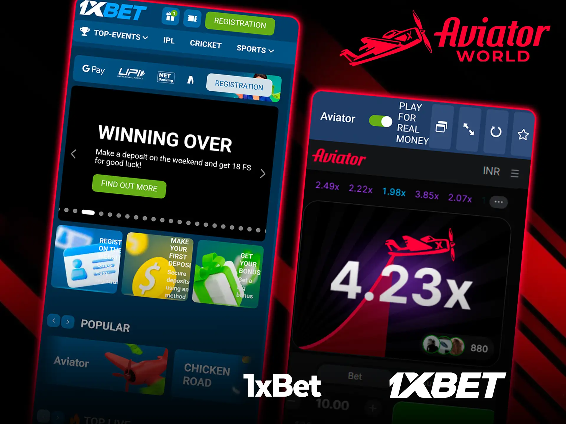 Página de inicio móvil de 1xBet con Aviator en la fila Popular, junto al juego abierto con un interruptor Play for real money