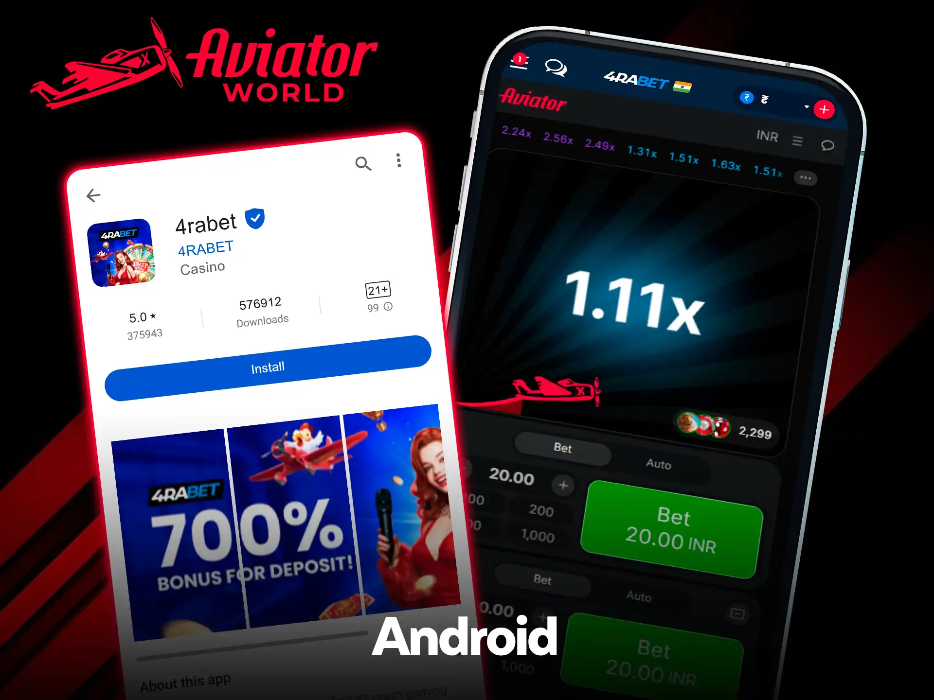 Página de app de casino con estilo de tienda y un botón Install, junto a Aviator de Spribe abierto en una app de casino