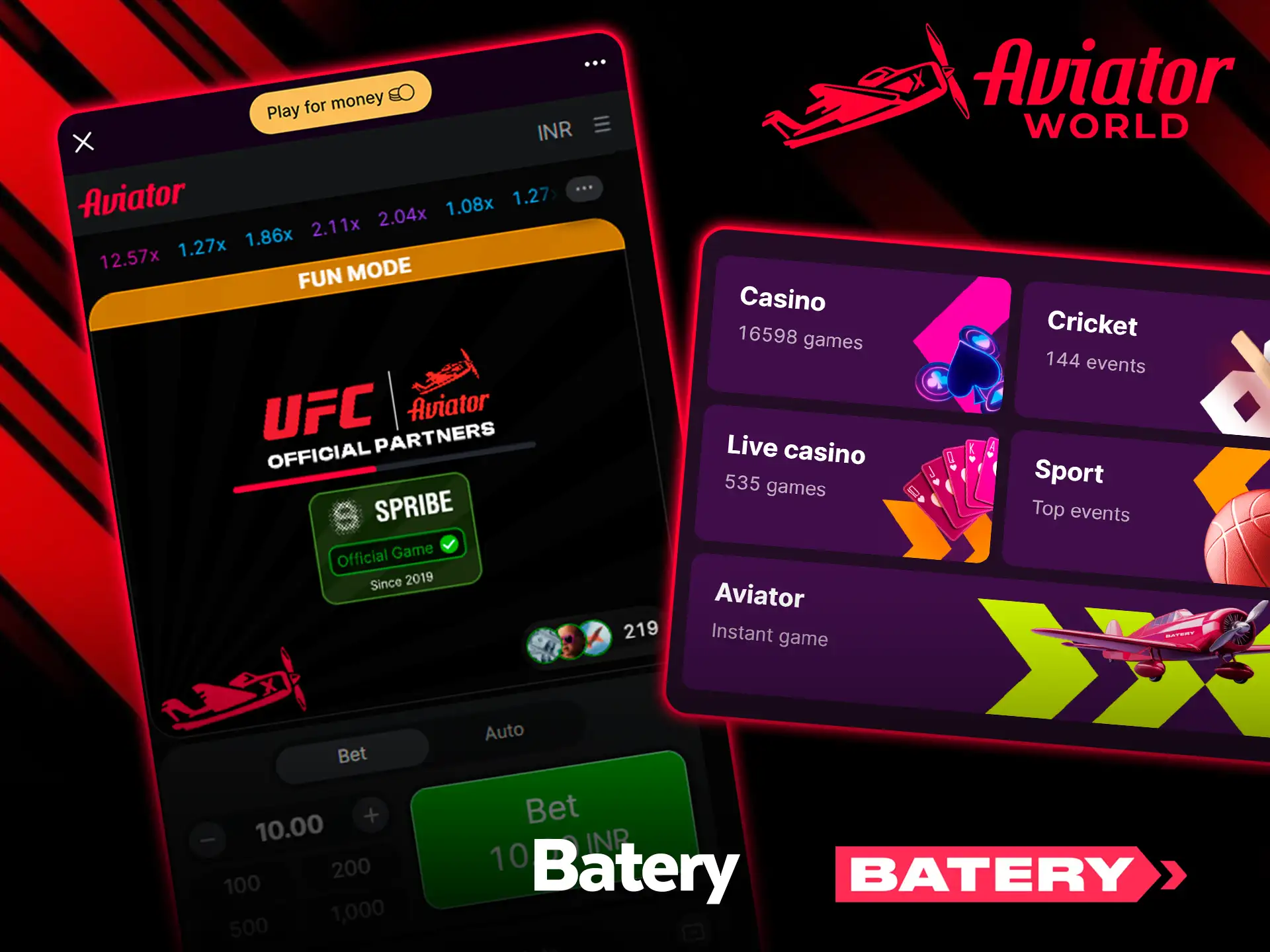 Aviator en Fun Mode en Batery con la insignia Official Game de Spribe, junto a las secciones Casino, Cricket y Aviator de Batery