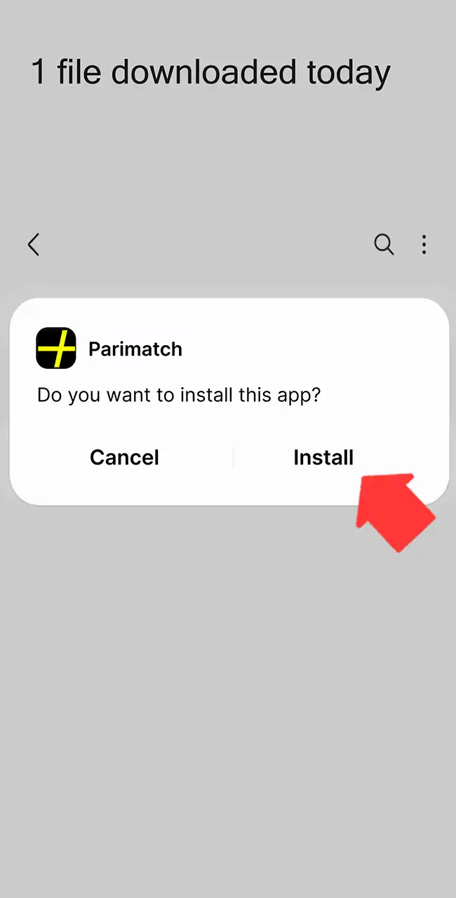 Aviso de Android que pregunta si instalar la app de Parimatch, con una flecha que señala Install