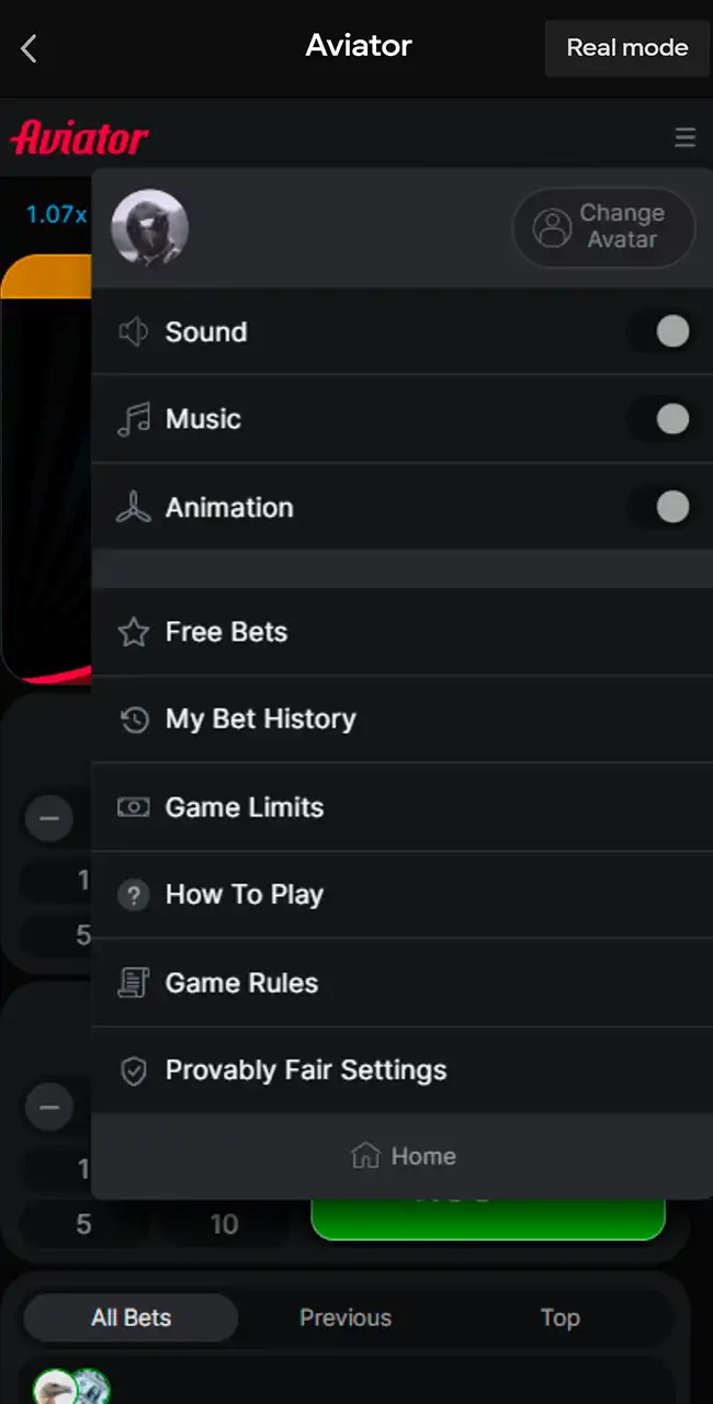 Menú del juego Aviator en un teléfono con Free Bets, Game Limits, How To Play, Game Rules y Provably Fair Settings