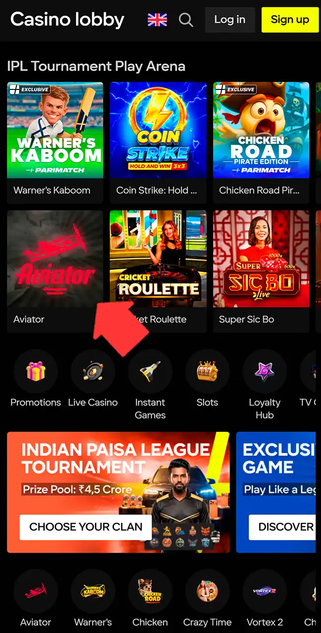 Lobby del casino Parimatch en un teléfono con una flecha que señala el mosaico de Aviator