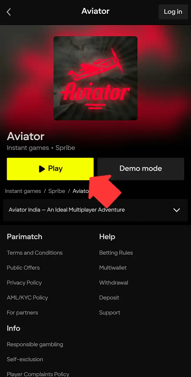 Página de Aviator en Parimatch en un teléfono con los botones Play y Demo mode y una flecha que señala Play