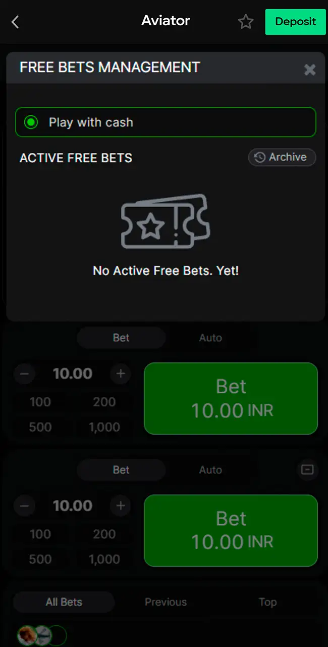 Ventana Free Bets Management de Aviator con Play with cash seleccionado y sin apuestas gratis activas