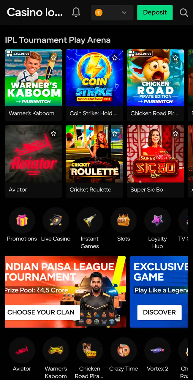 Lobby del casino Parimatch en un teléfono con un mosaico de Aviator entre juegos exclusivos y mesas en vivo