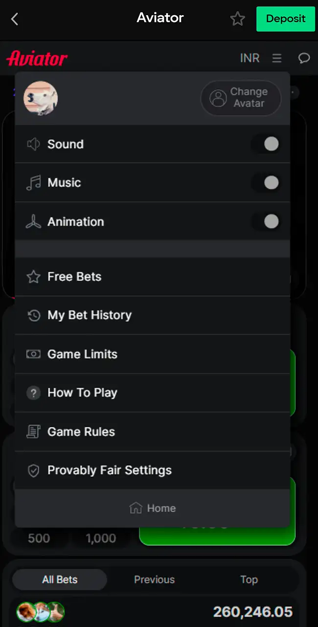 Menú del juego Aviator en una app de casino con Sound, Music, Free Bets, Game Limits y Provably Fair Settings