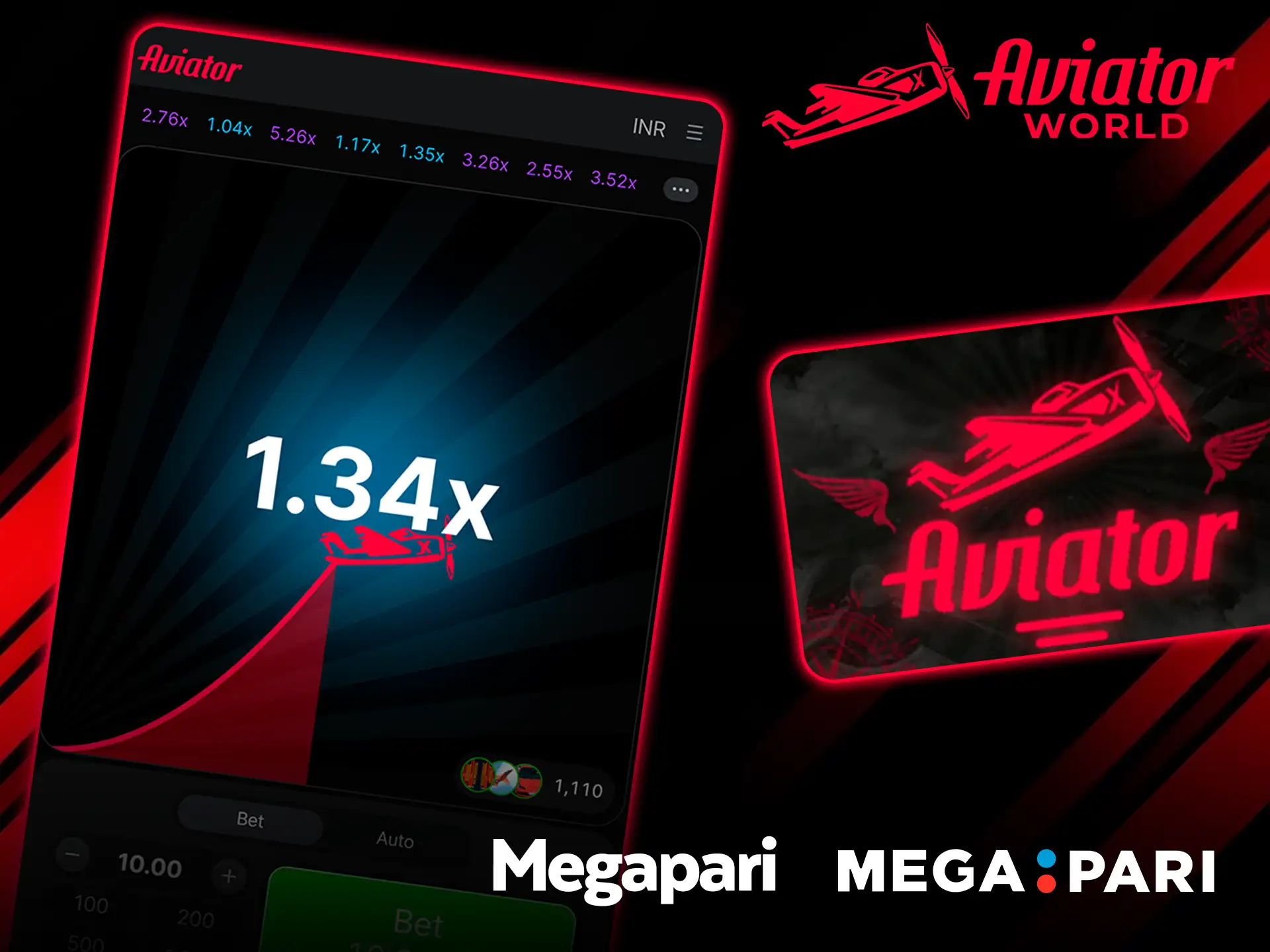 Aviator en 1.34x en la app de Megapari, junto al mosaico del juego Aviator