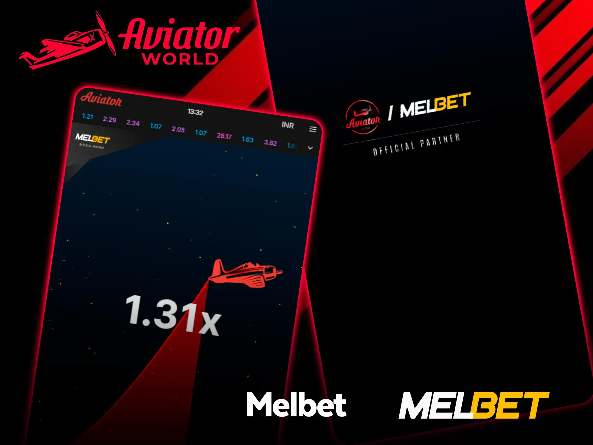 El juego llamado Aviator de Melbet, con otro avión sobre un fondo estrellado, junto a una pantalla de inicio de socio oficial de Melbet