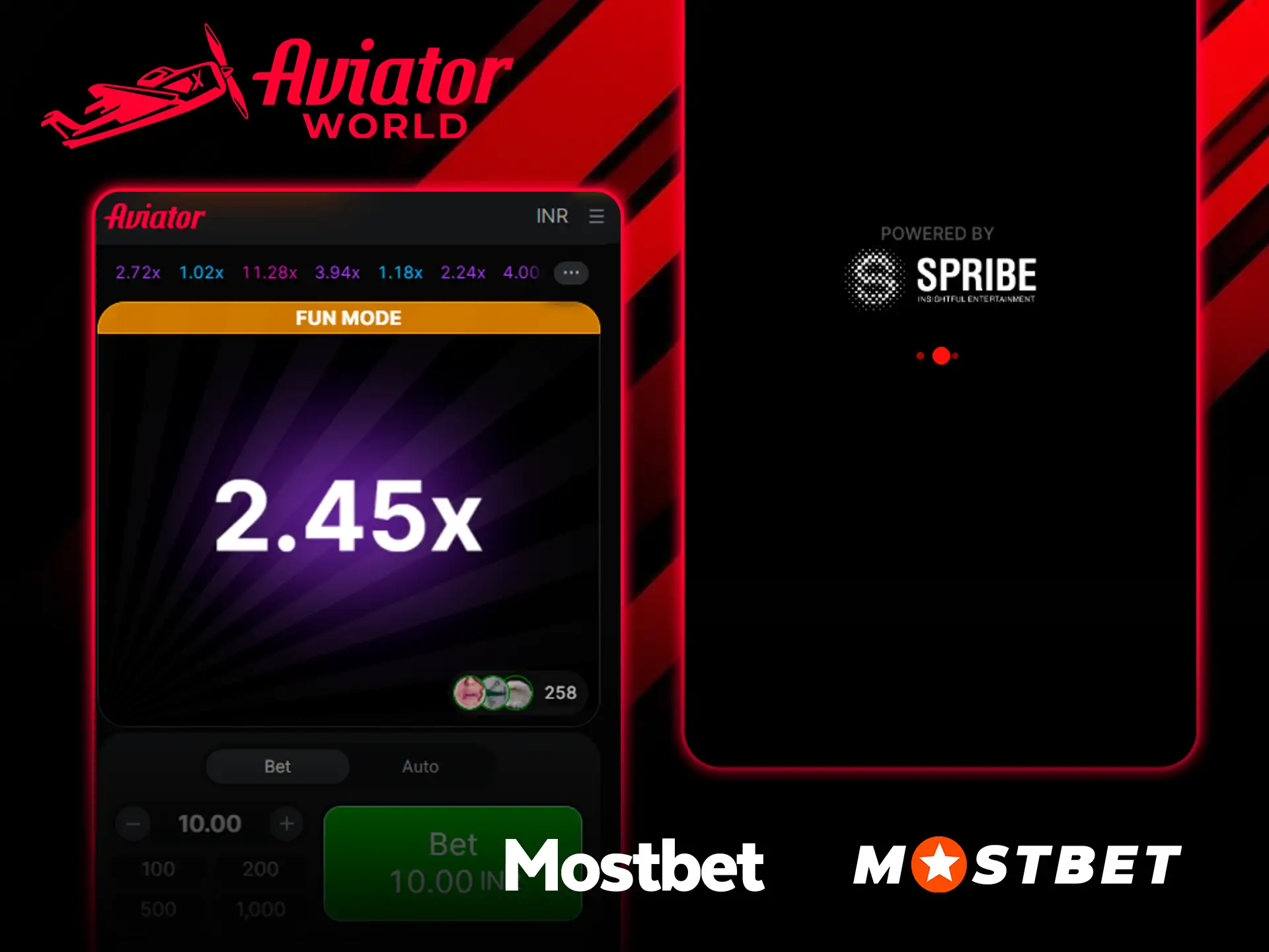 Aviator en Fun Mode en Mostbet junto a una pantalla de carga Powered by Spribe