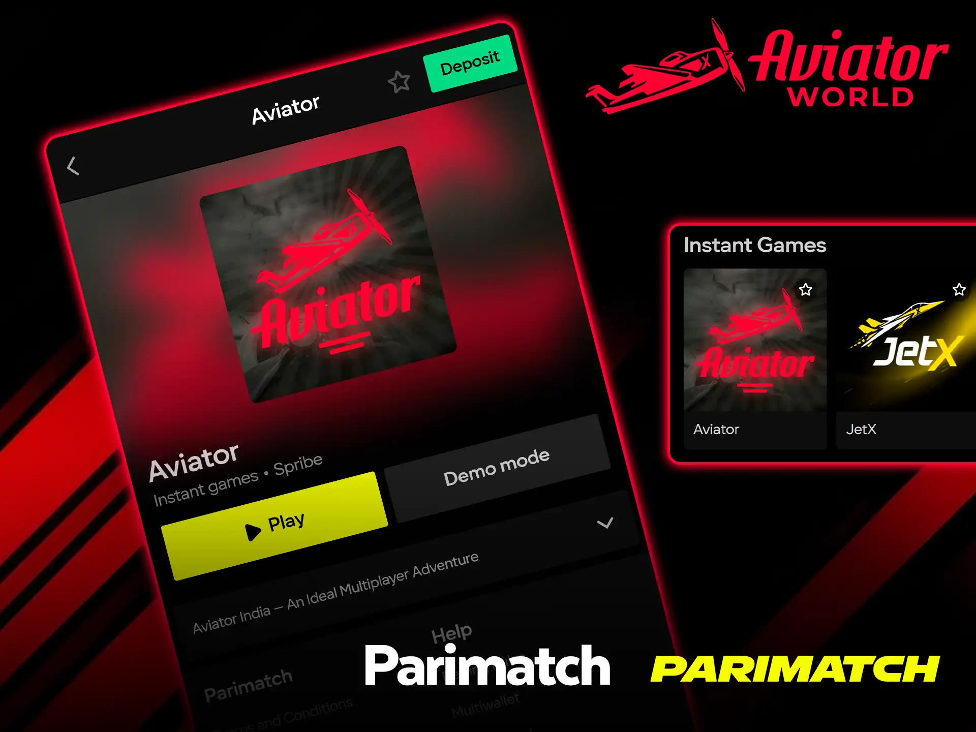 Página de Aviator en Parimatch con la etiqueta Instant games, Spribe y los botones Play y Demo mode