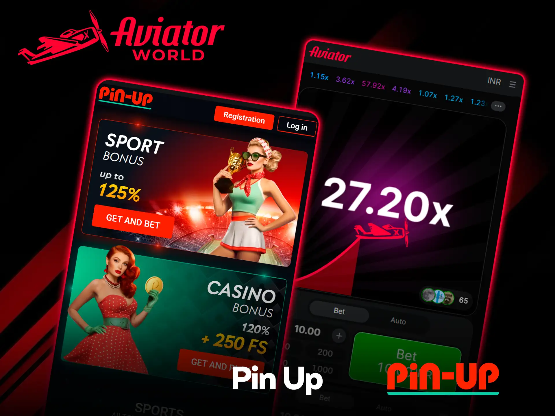 Sitio móvil de Pin-Up con banners de bonos de deportes y casino junto a Aviator en 27.20x