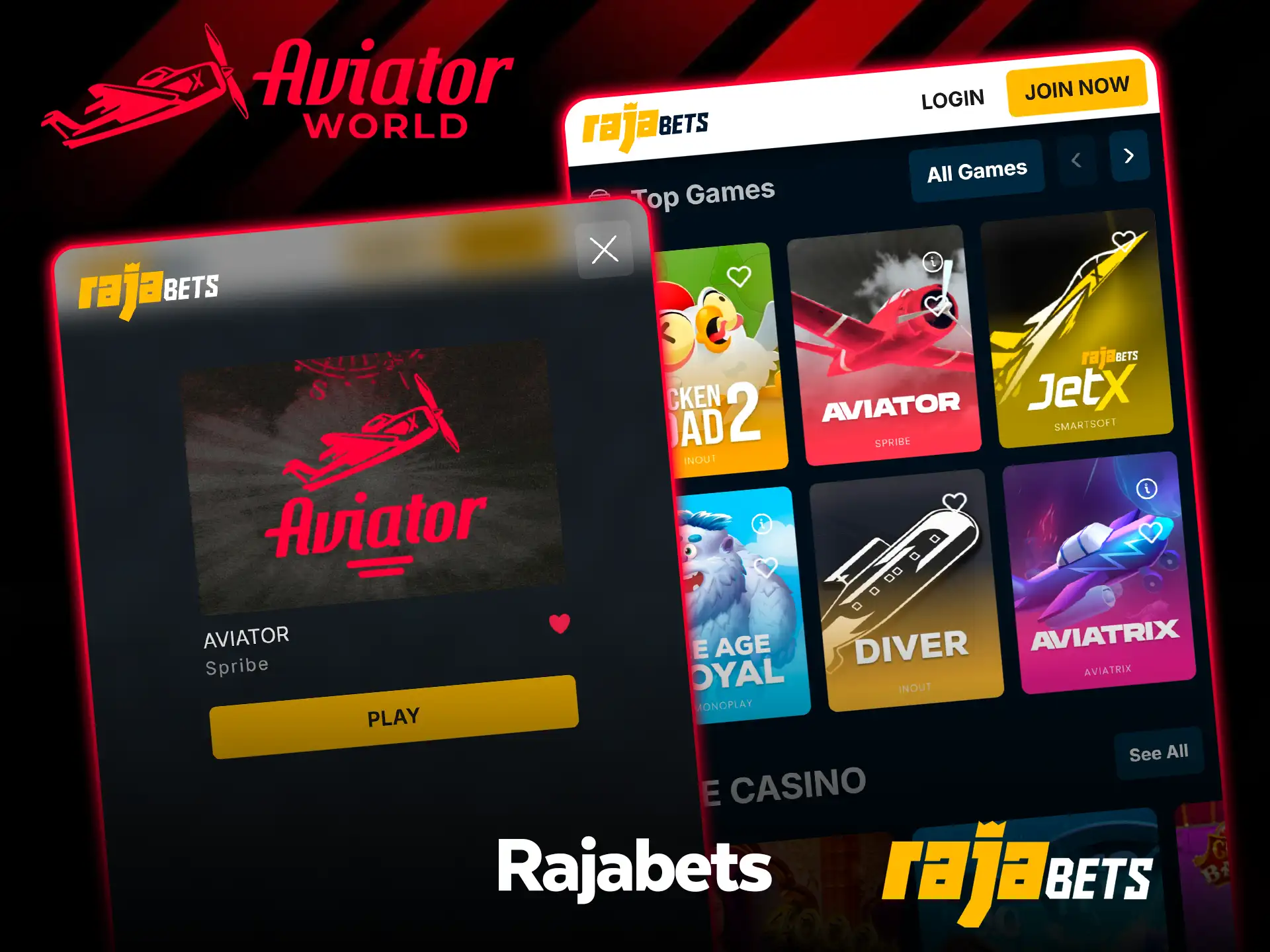 Top Games de Rajabets con el mosaico de Aviator de Spribe, junto a la ficha del juego Aviator con un botón Play