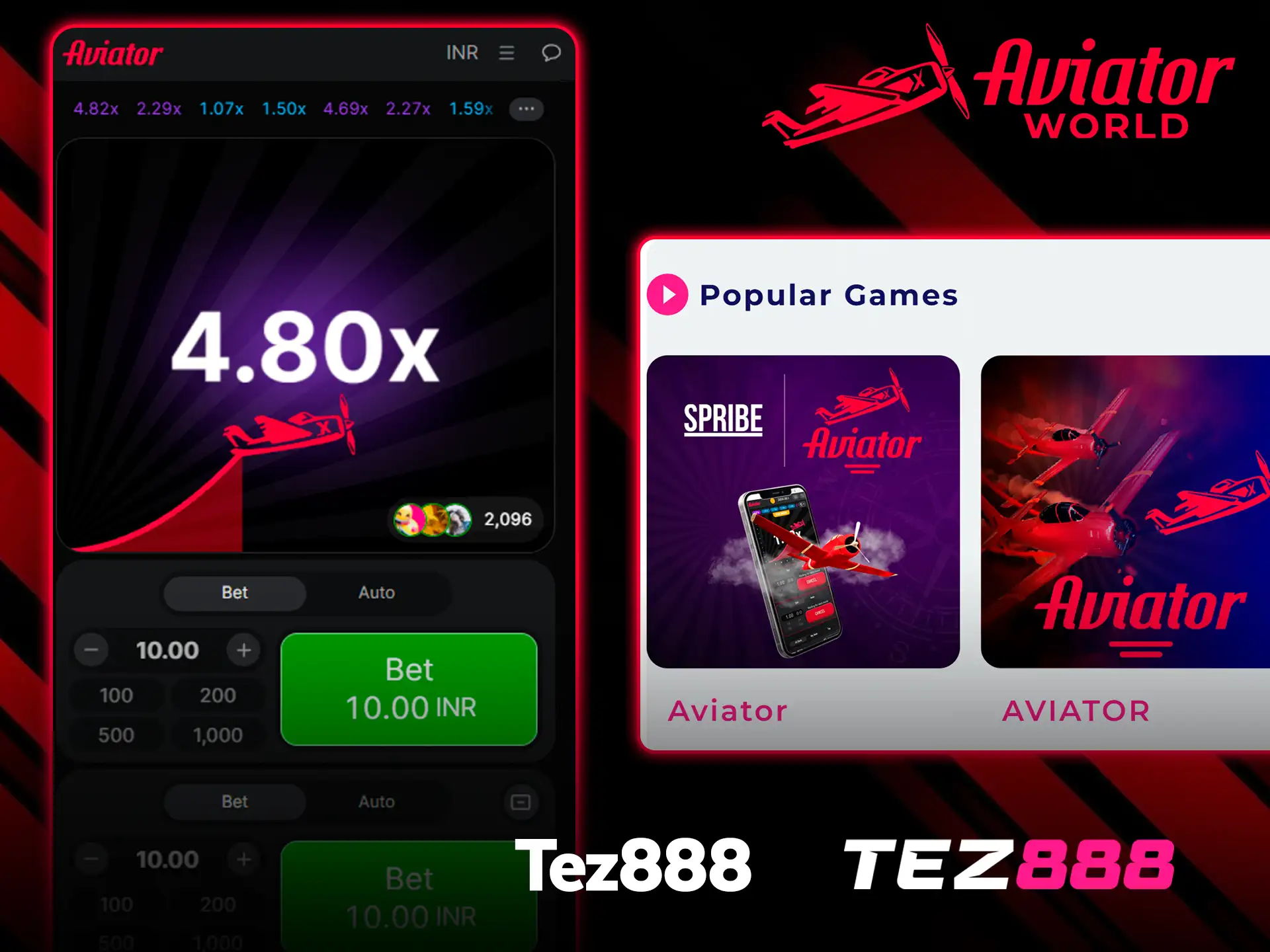 Aviator en 4.80x en Tez888, junto a Popular Games con dos mosaicos llamados Aviator, uno de ellos marcado como Spribe