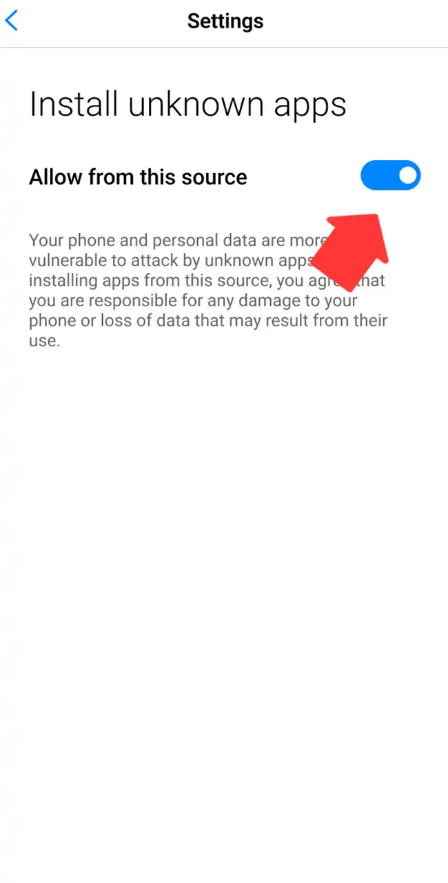 Écran Android d’installation d’applications inconnues avec l’interrupteur Autoriser depuis cette source activé